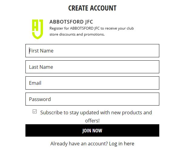 Abbotsford Juniors Football Club account creation pop-up