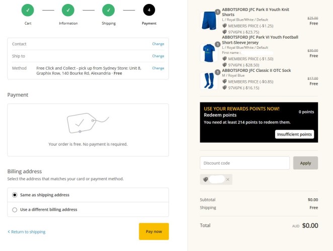 AJFC Payment page with Click and Collect