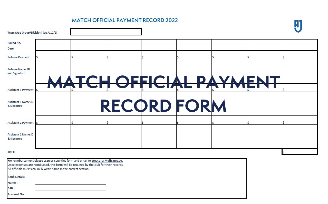 AJFC Match Official Payment Record Form